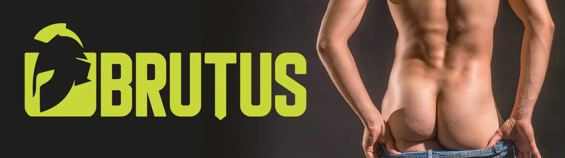 Person wearing a minimalistic outfit with 'BRUTUS' logo on a dark background
