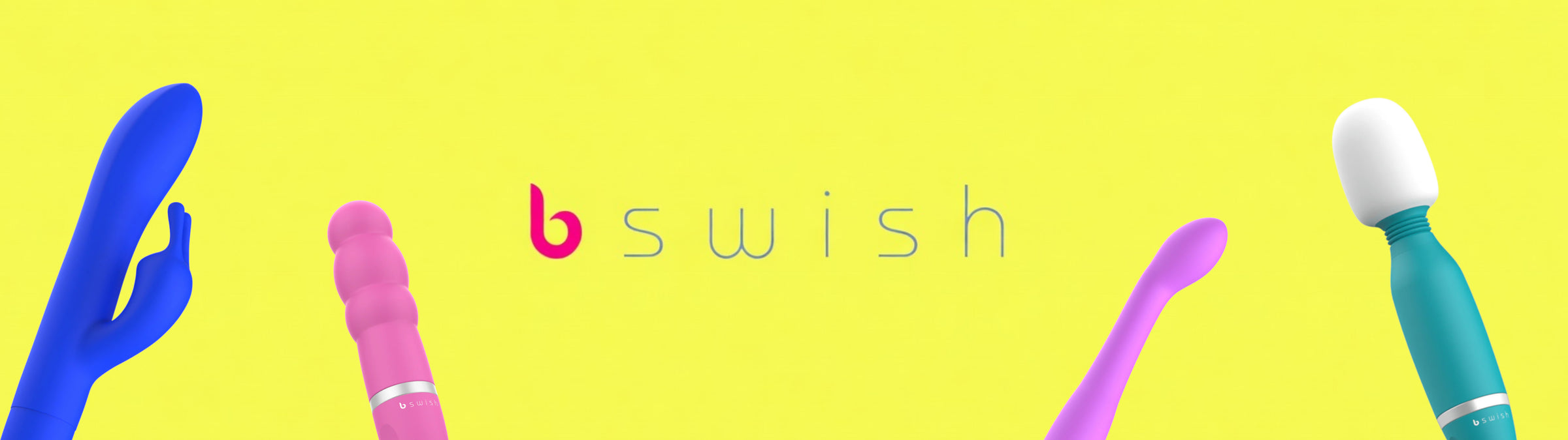 Colorful bswish toys on a yellow background with the bswish logo.