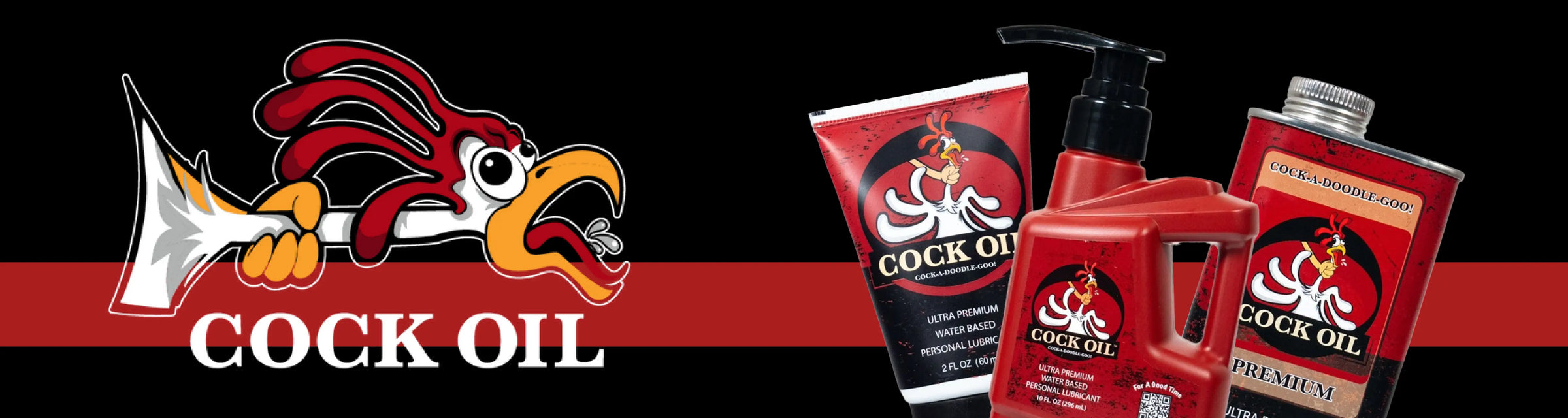 Cock Oil product packaging with a red and black design featuring a rooster logo.