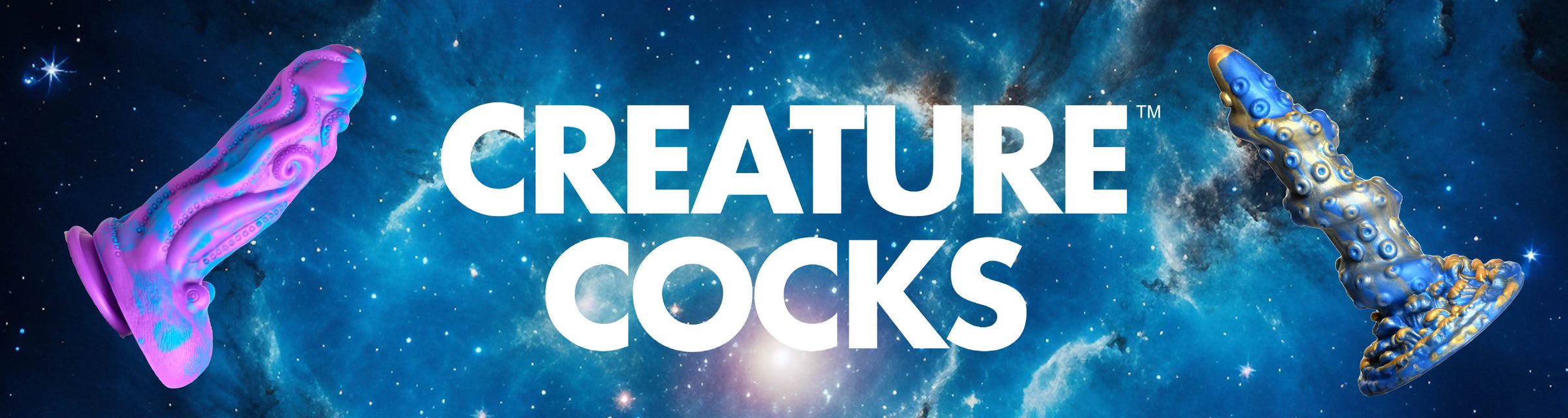 Advertisement for 'Creature Cocks' with space-themed background and product images.