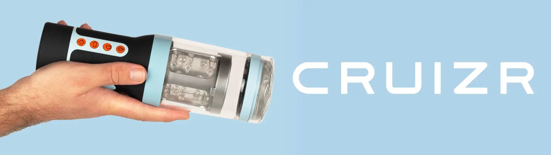 Hand holding an auto stroker masturbator labeled 'Cruizr' against a blue background