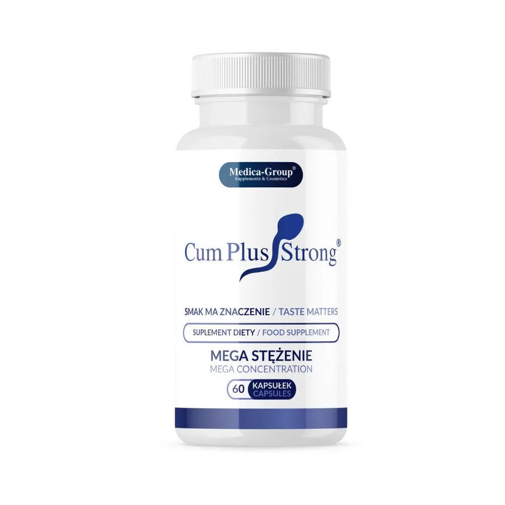 Cum Plus Strong supplement bottle with Medica Group branding on a white background