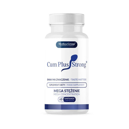 Cum Plus Strong supplement bottle with Medica Group branding on a white background
