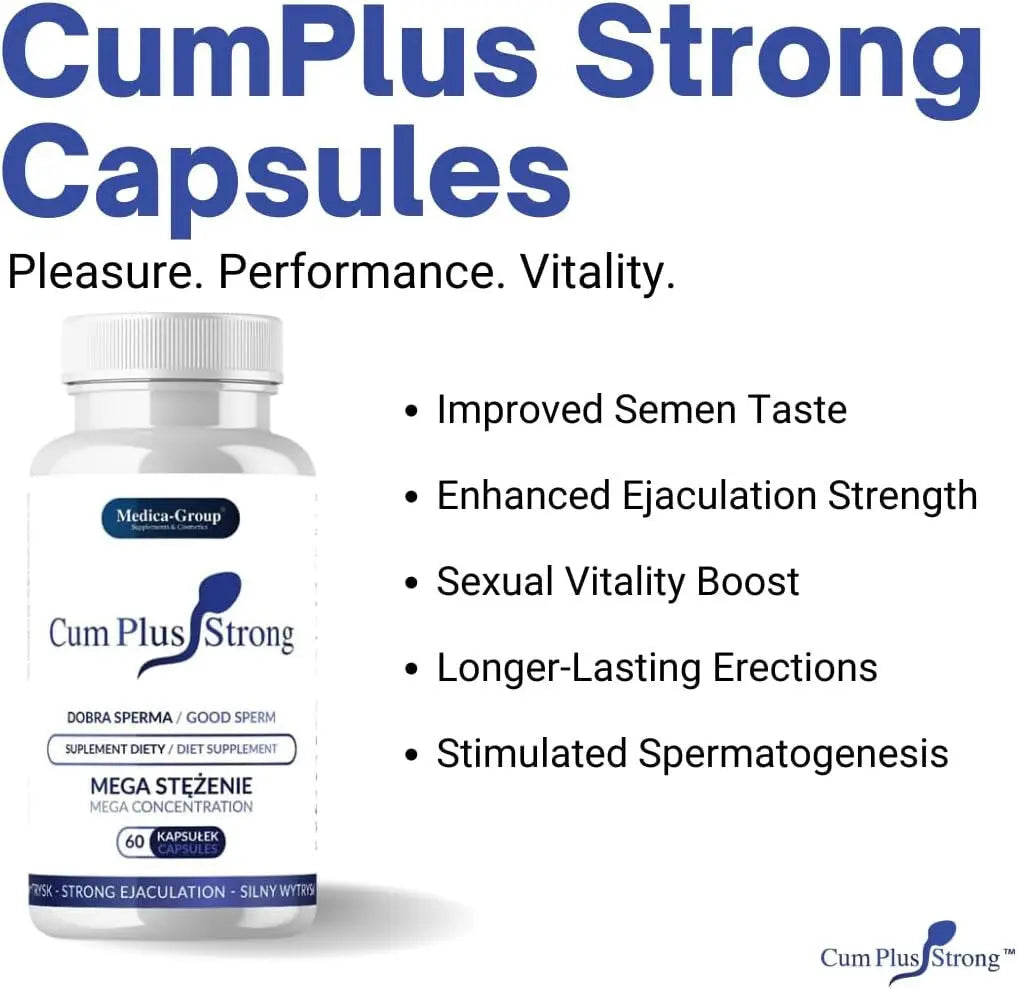 CumPlus Strong capsules bottle with product features on a white background