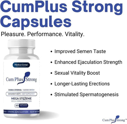 CumPlus Strong capsules bottle with product features on a white background