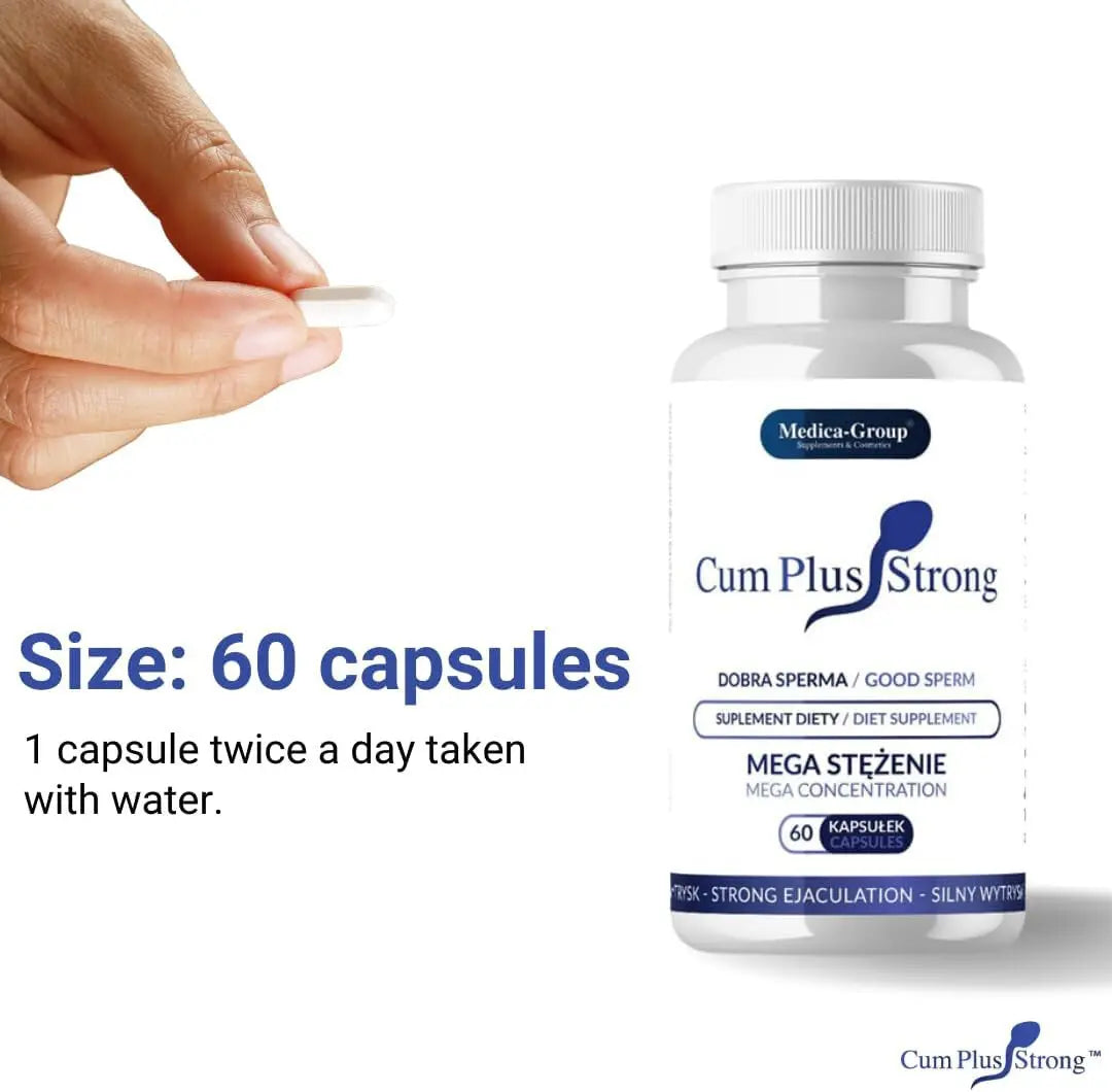 Bottle of Cum Plus Strong supplement with a hand holding a capsule on a white background