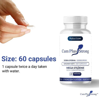 Bottle of Cum Plus Strong supplement with a hand holding a capsule on a white background