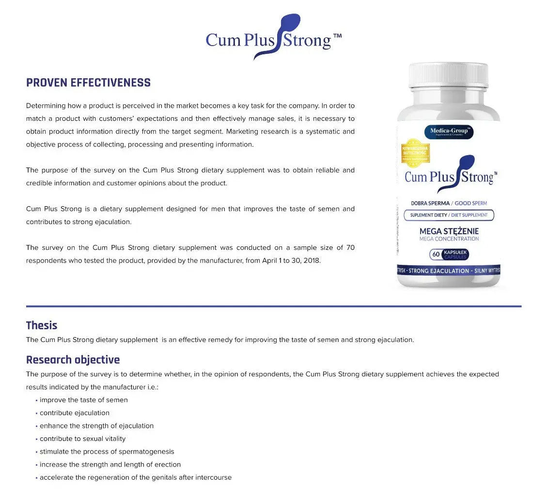 Cum Plus Strong dietary supplement bottle on a white background with text.