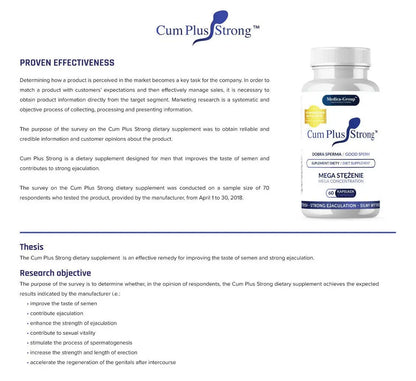 Cum Plus Strong dietary supplement bottle on a white background with text.