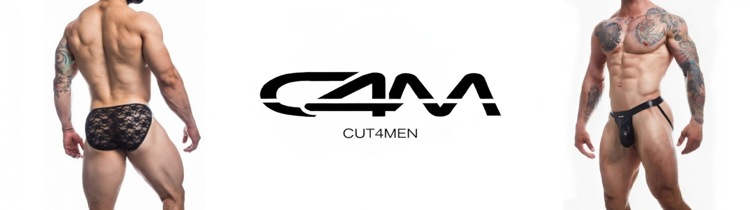 Two men wearing black underwear with 'CUT4MEN' branding displayed.