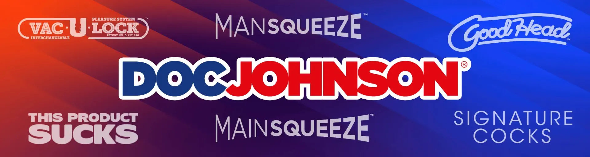 Doc Johnson banner with various sub brand logos and text on a gradient background