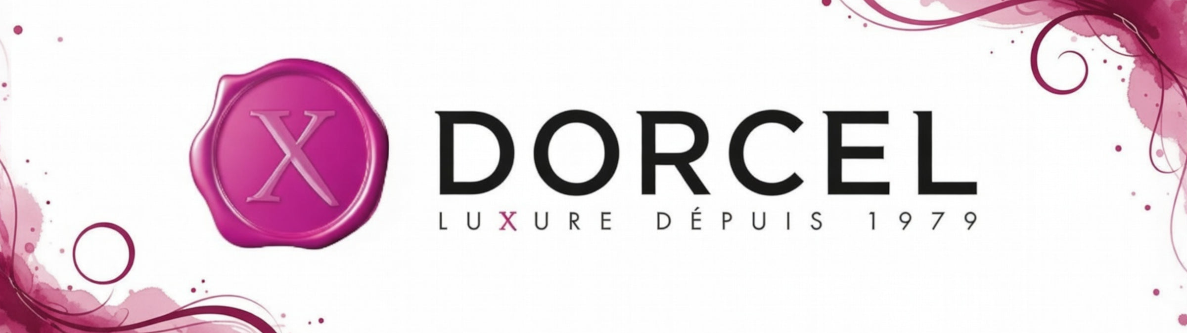 Dorcel logo with pink and white decorative elements on a white background