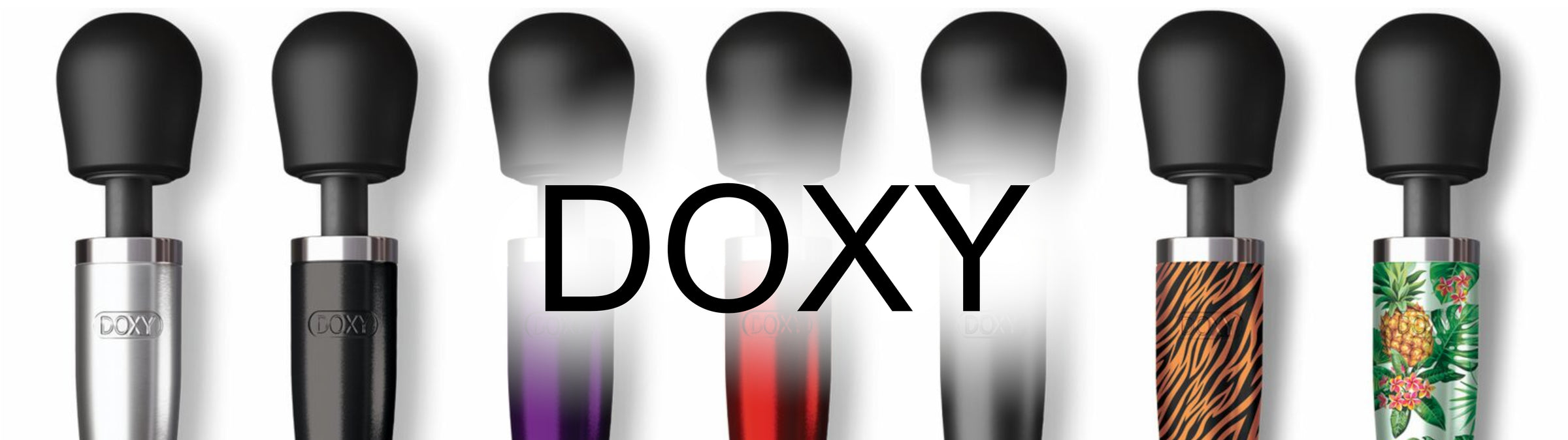 Row of DOXY vibrators with various designs and colors on a white background.