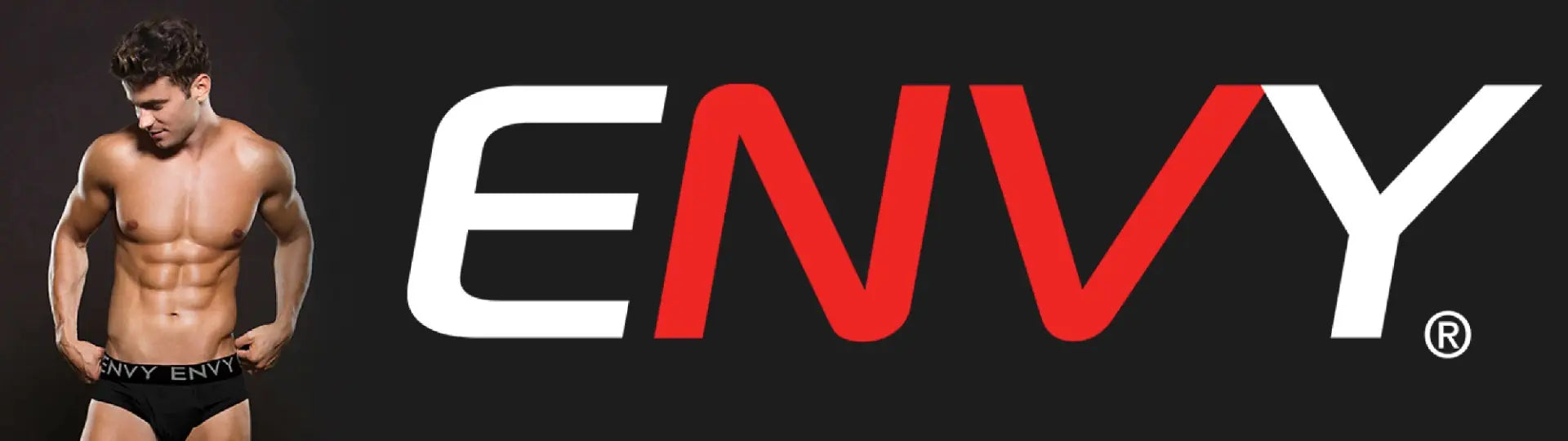 Man in underwear with 'ENVy' brand logo on a black background