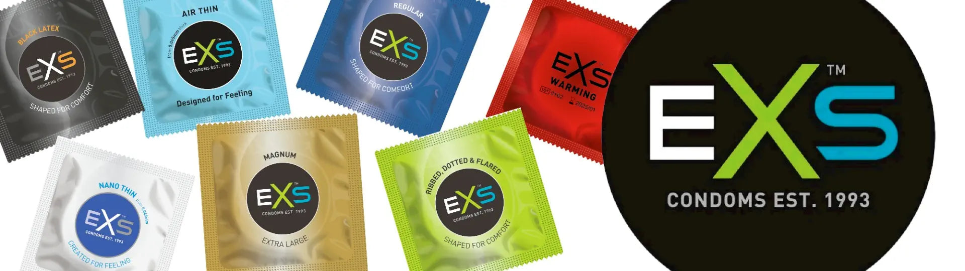 Collection of EXS condom packages in various colors with the EXS logo and branding.