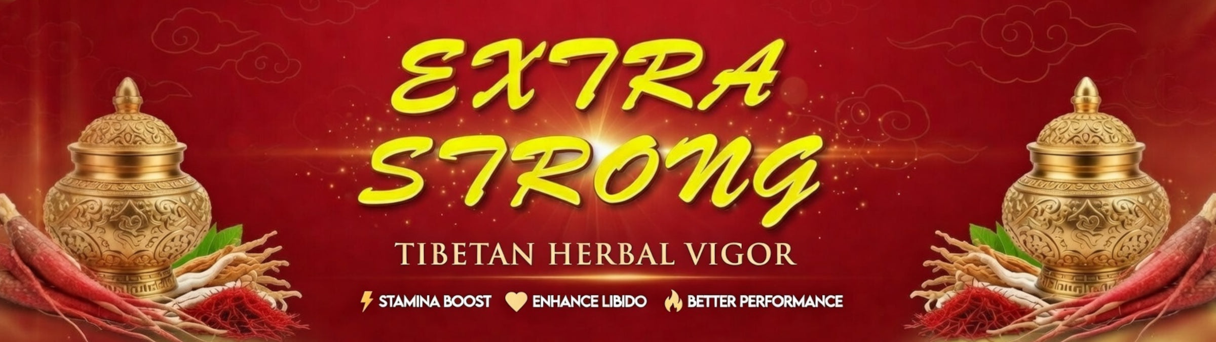 Promotional banner for 'Extra Strong' Tibetan herbal vigor supplement with gold containers and red background