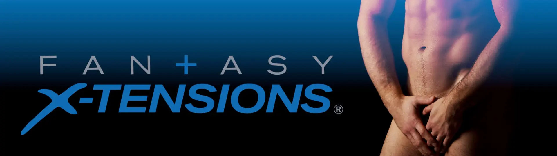 Advertisement for 'Fantasy X-Tensions' with a nude man covering genitals against a blue background