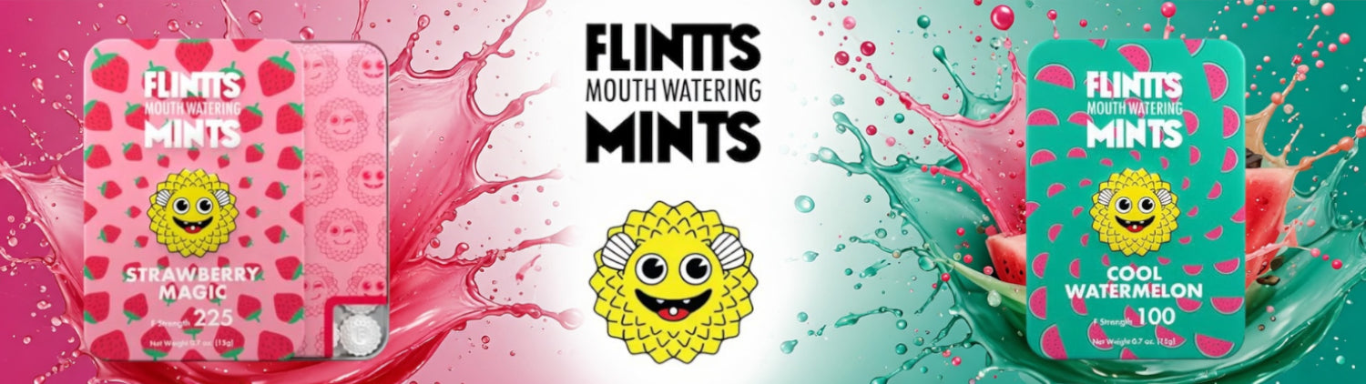 Two packages of Flint's Mouthwatering Mints with colorful designs and a smiling yellow character on a pink and green background.