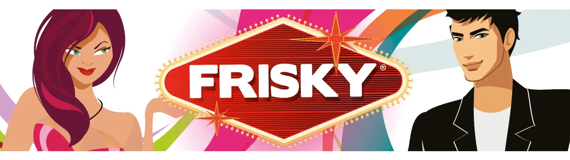 Frisky logo with two people on a colorful background