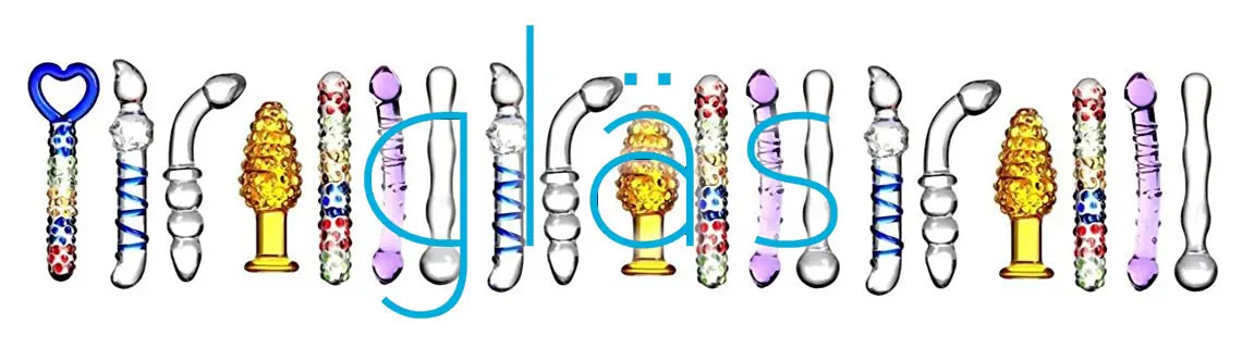 Colorful glass dildos with 'glas' brand text overlay.