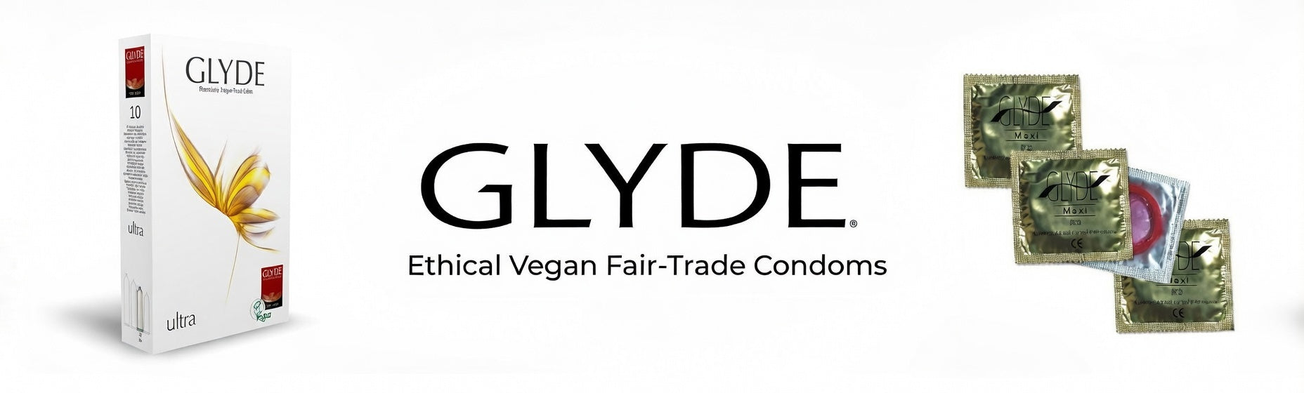 Glyde ethical vegan fair-trade condoms packaging on a white background