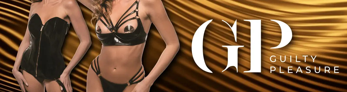 Two women in black lingerie with 'GP Guilty Pleasure' branding on a gold background