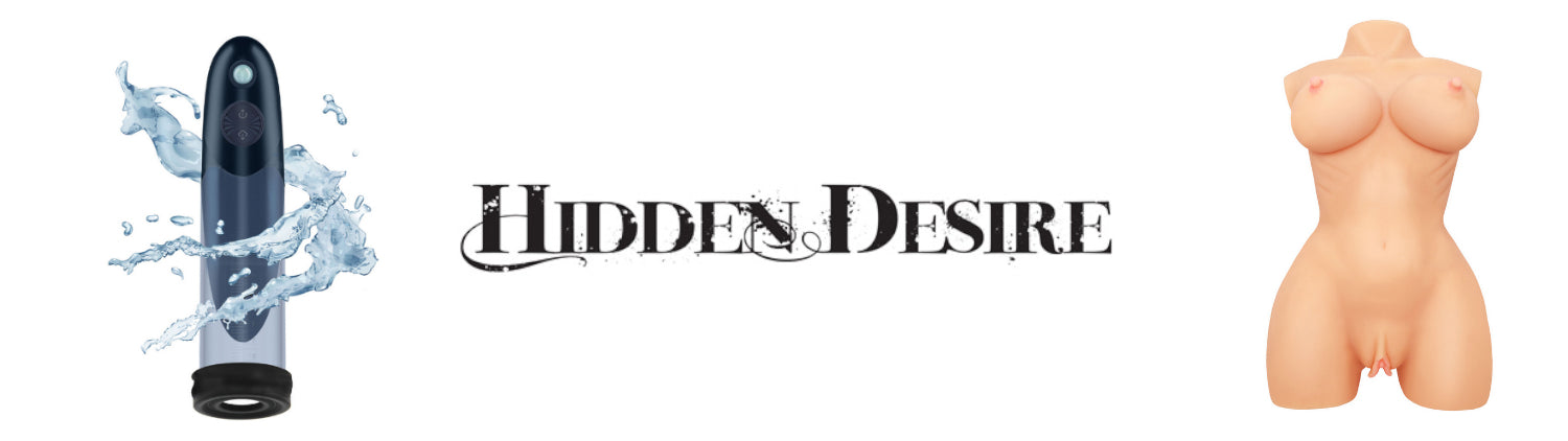 'Hidden Desire' branding with a masturbator and penis pump on a white background