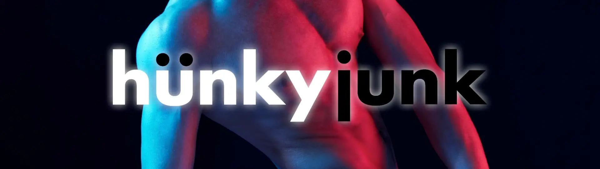 Logo of 'hunkyjunk' with a human figure in red and blue on a black background.