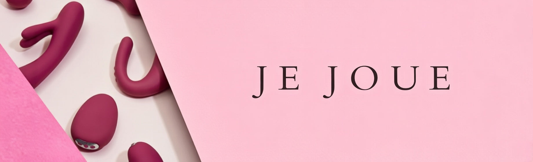 Pink and cream background with 'JE JOUE' text and vibrators flat lay