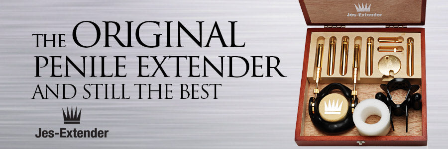 Jes-Extender penile extender set in a wooden box with promotional text on a light gray background.