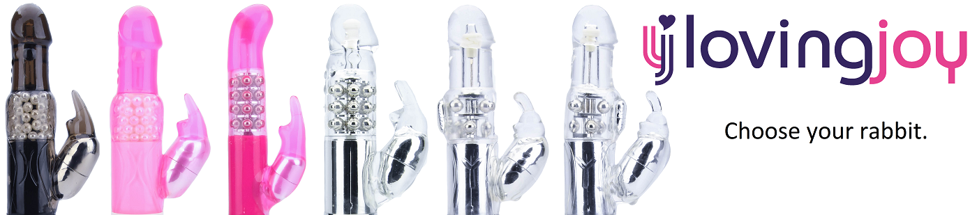 Set of colorful rabbit shaped vibrator sex toys with 'lovingjoy' branding.
