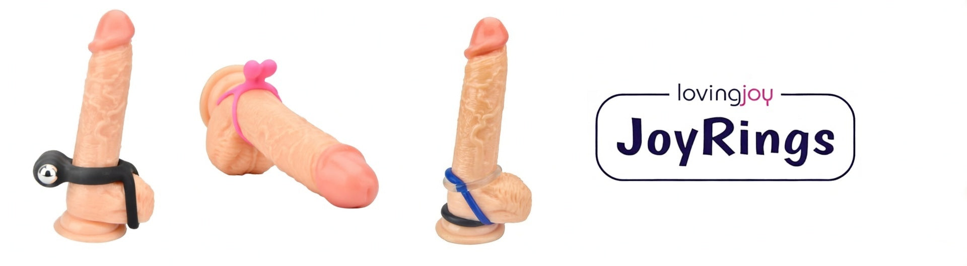 Cock Rings on three Dildos with 'lovingjoy' and 'Joyrings' branding on a white background