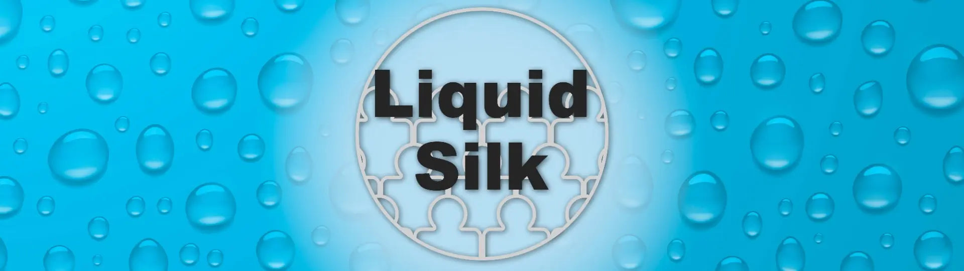 liquid silk logo on blue background with water droplets