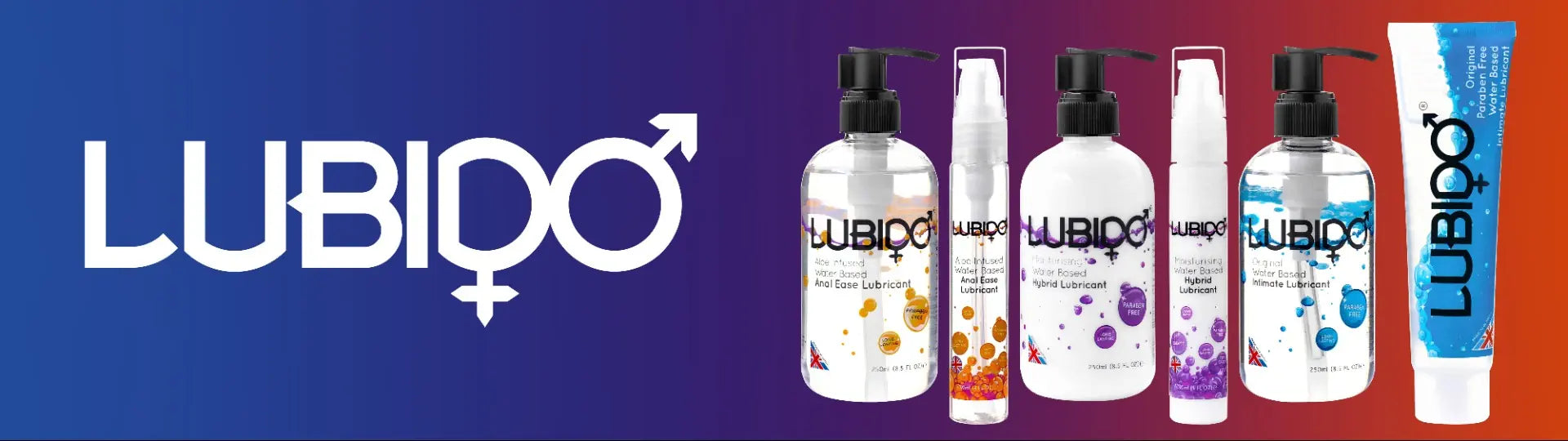Lubido product lineup on a gradient blue to red background
