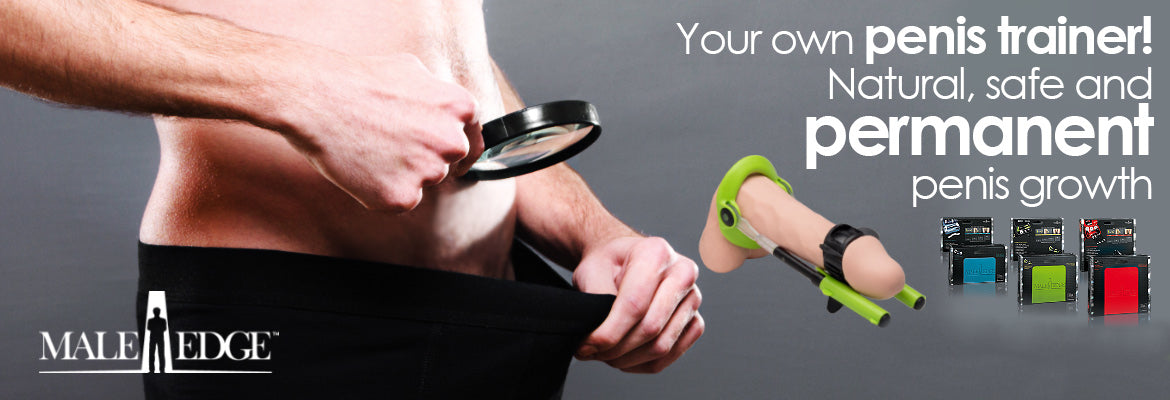 Advertisement for a 'penis trainer' with a person holding a magnifying glass and a device, featuring the brand 'Male Edge'.