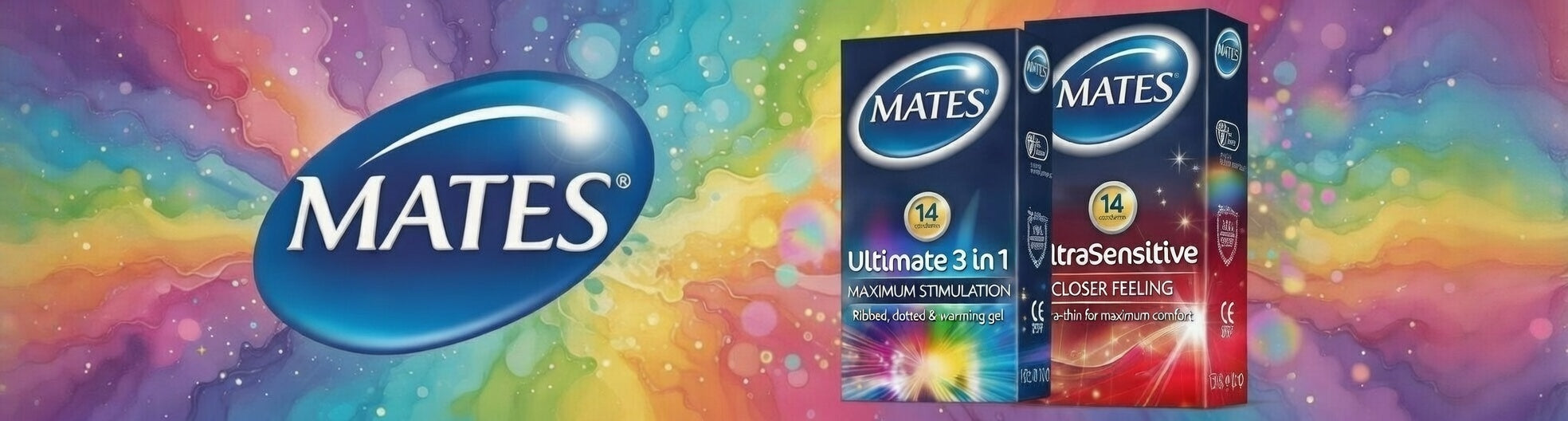 Mates condom product packaging with colorful background