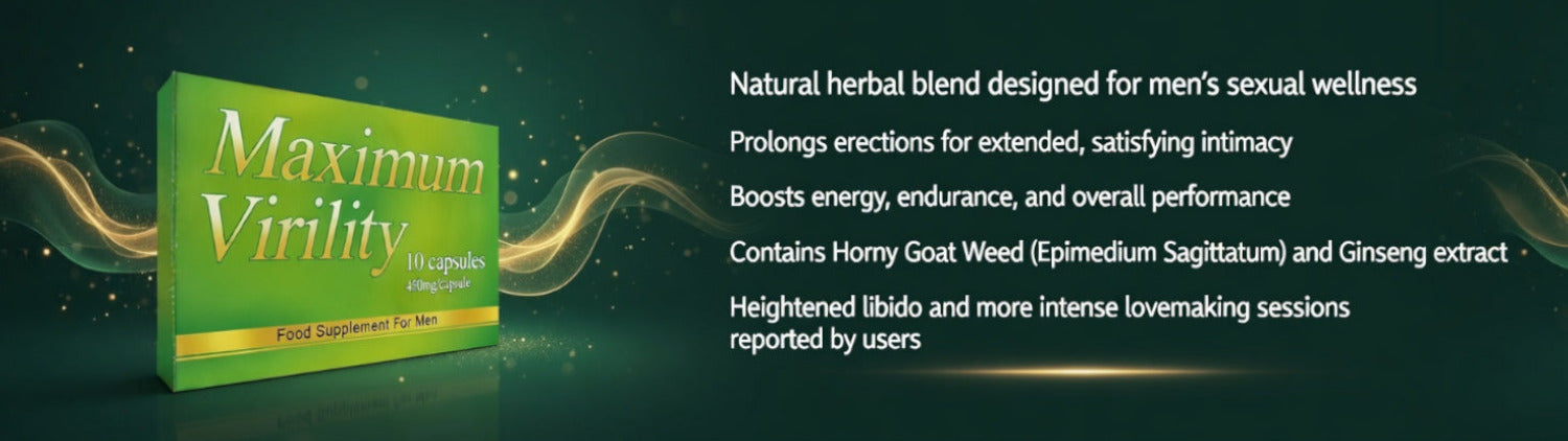 Advertisement for 'Maximum Virility' supplement packaging with product description text on a dark green background.
