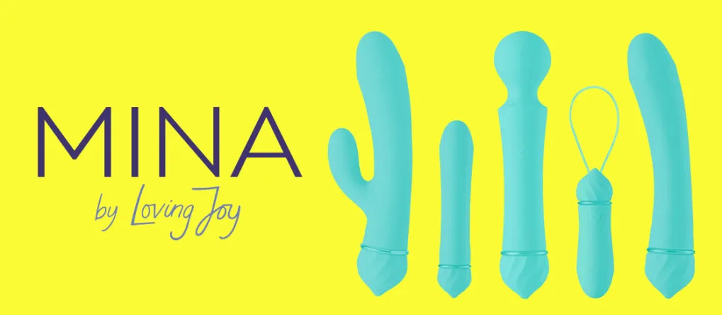 Blue Mina by Loving Joy product set on a yellow background