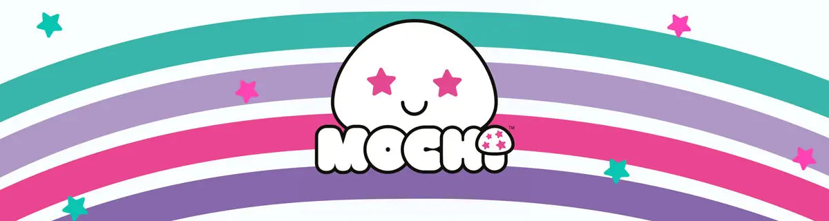 Cartoon muhroom with a happy expression on a rainbow background