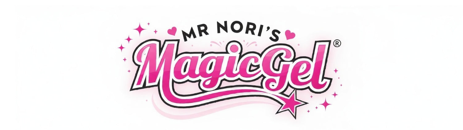 Logo of Mr Nori's Magic Gel with pink text and decorative elements on a white background