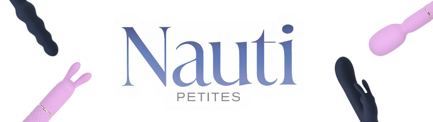 Nauti Petites logo with stylized product images on a blue background