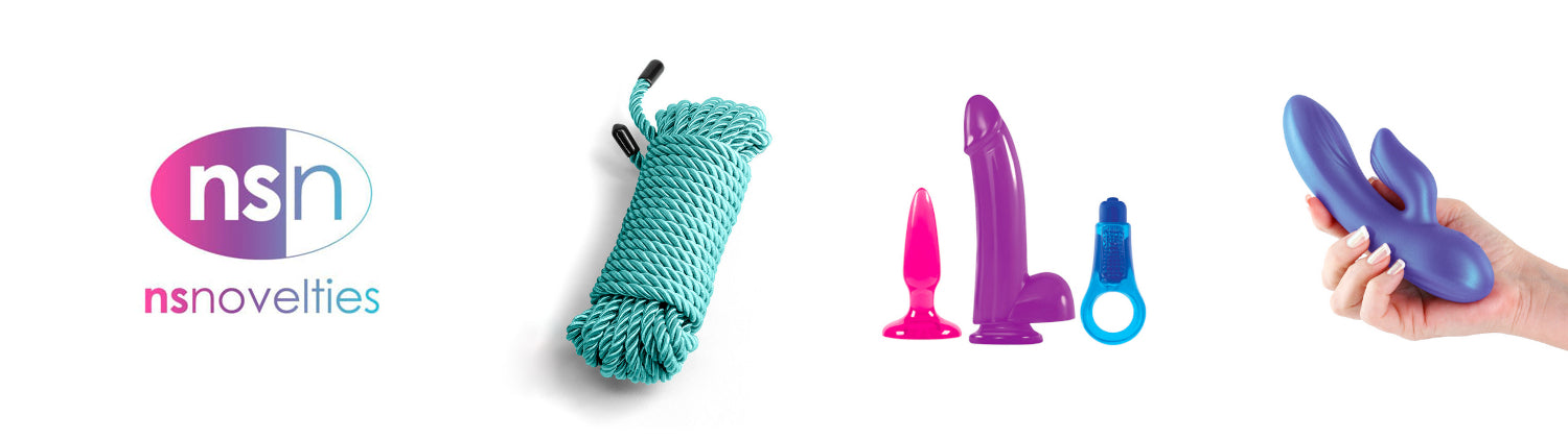 Collection of colorful sex toys with 'nsnovelties' logo on a white background
