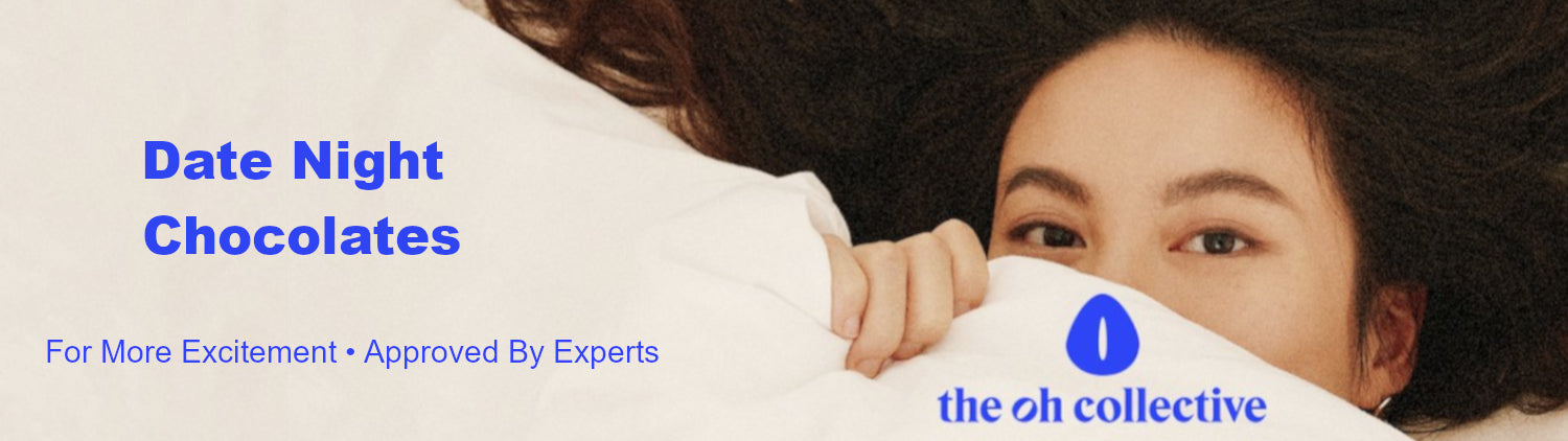 Woman in bed with text about date night chocolates and approval by experts.