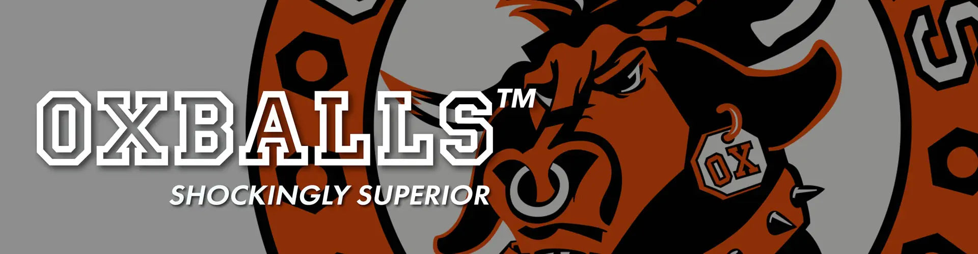 Logo with a bull and text 'OXBALLS™ SHOCKINGLY SUPERIOR' on a gray background