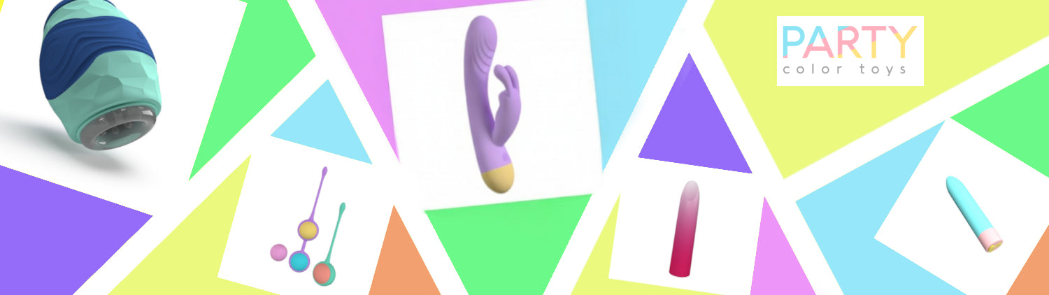 Colorful sex toy branding with geometric shapes and 'Party Color Toys' branding.