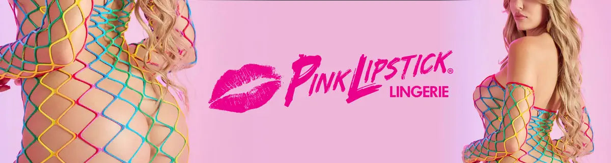 Pink Lipstick Lingerie advertisement with colorful mesh lingerie on a pink background