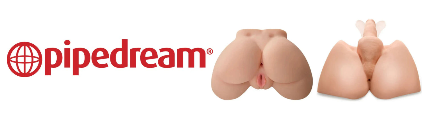 Pipedream product showing a close-up of masturbators with a visible brand logo.