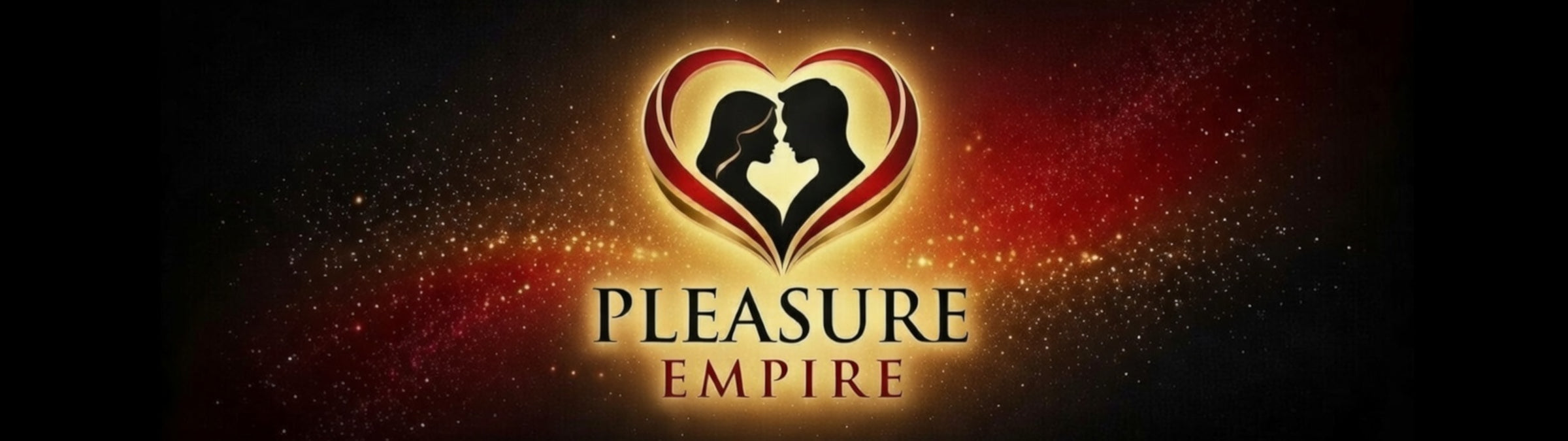 Logo of Pleasure Empire with a heart and silhouette design on a dark background