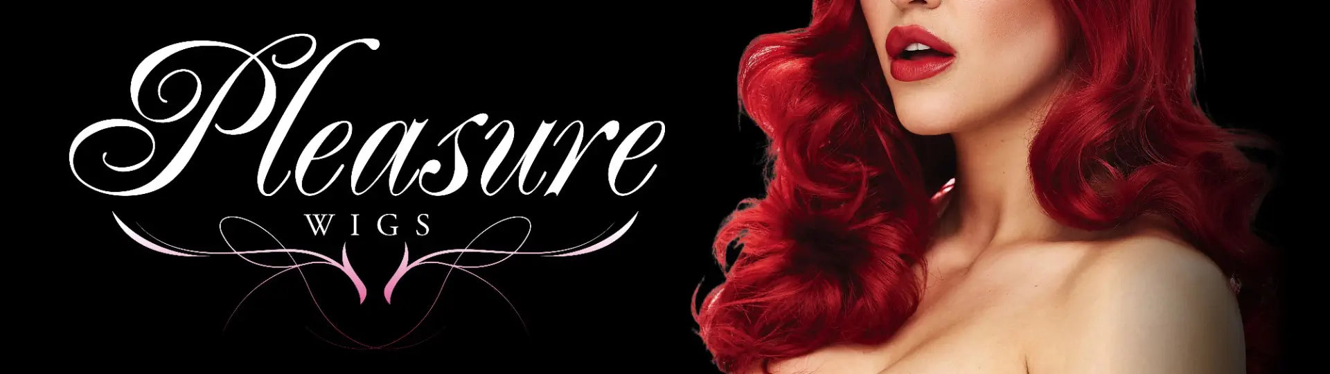 Woman with red wig and 'Pleasure Wigs' logo on a black background