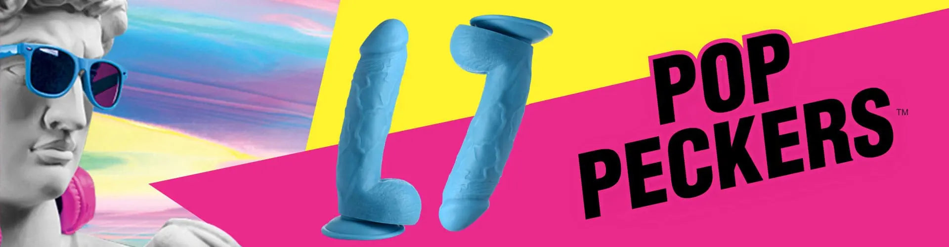 Promotional banner for 'Pop Peckers' with colorful design and product imagery.